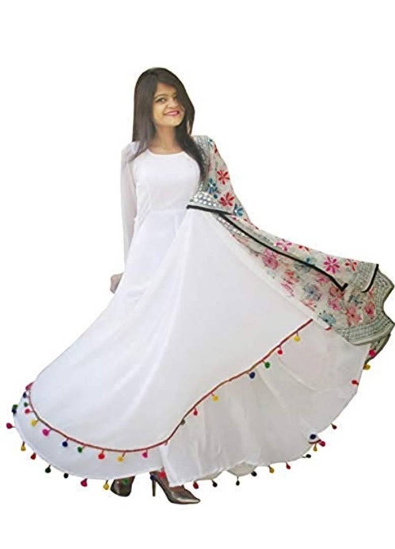 Stylish Georgette Solid Border Pom-Pom Work Maxi Dress For Women